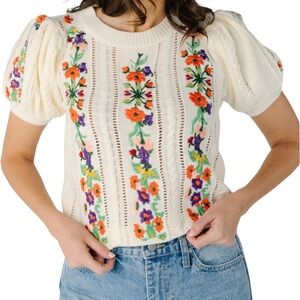 Strut & Bolt Cream Floral Short Sleeve Sweater Size S